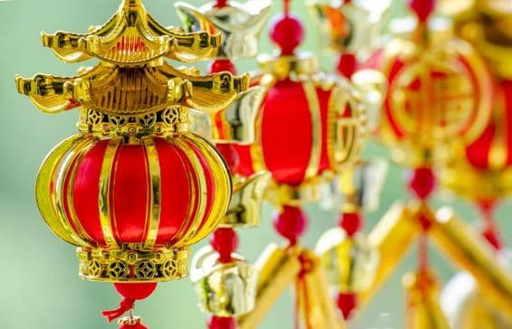 Chinese New Year lanterns and decoration with the Chinese word for good fortune and blessing.