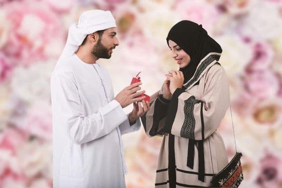 Kind Arab couple, Arab man proposing marriage to an Arab woman, offering her an engagement ring.