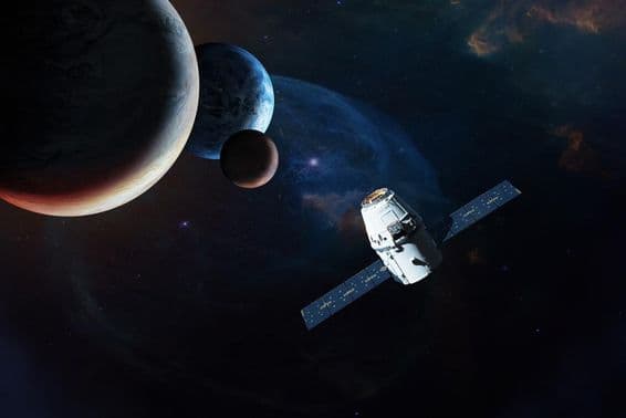 Satellite near planets in deep space.