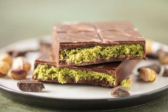 Dubai chocolate with green kataifi and pistachio paste.