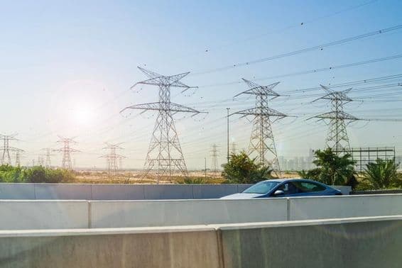 High voltage power lines in the desert near Dubai.