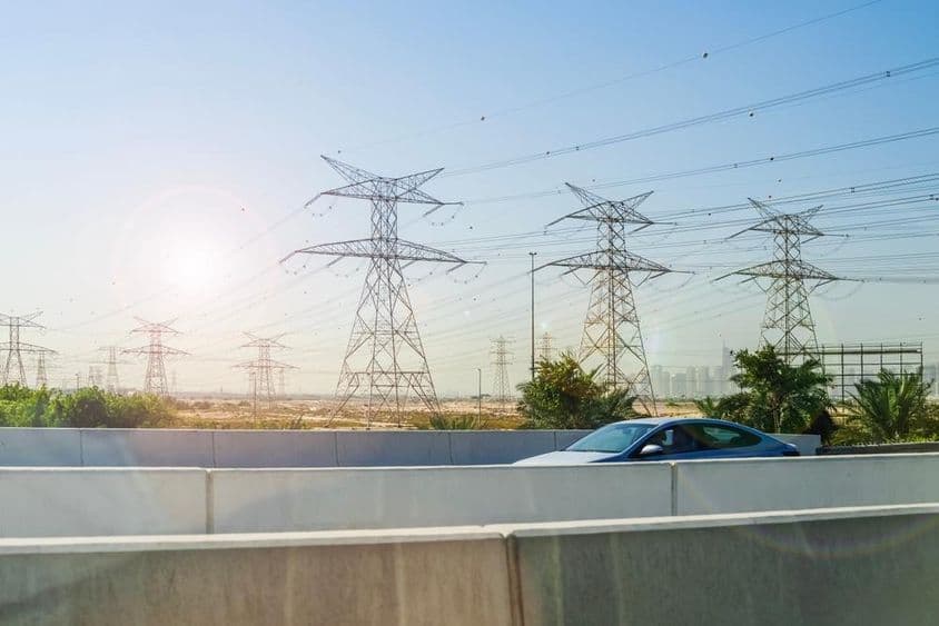 High voltage power lines in the desert near Dubai.