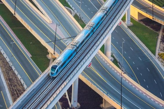 Dubai metro line with Sheikh Zayed Road from above.