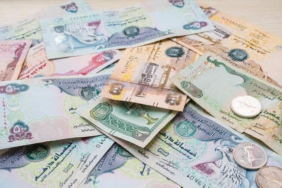 United Arab Emirates dirham banknotes and coins.