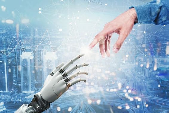 3D robotic hand meeting human hand over a futuristic cityscape.
