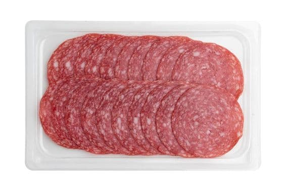 Sliced salami in plastic packaging.