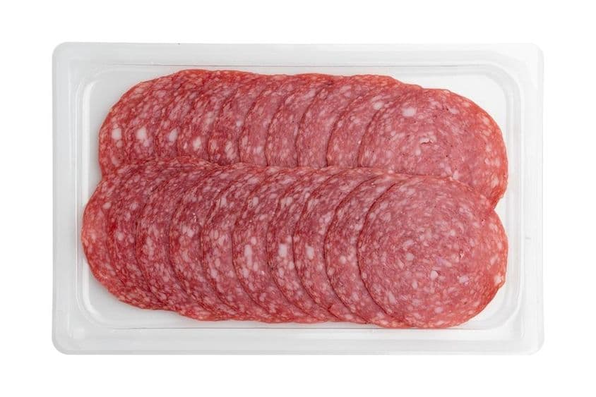 Sliced salami in plastic packaging.