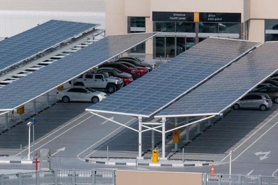 Solar panels in a Dubai supermarket parking lot.