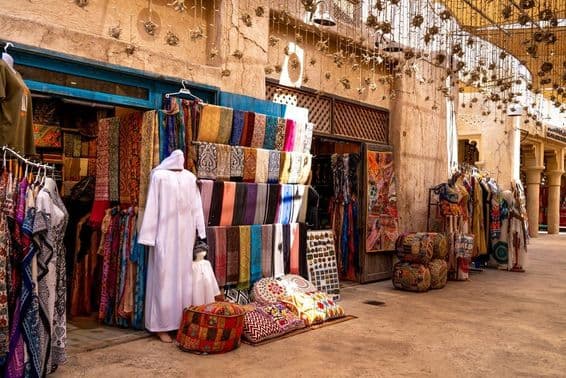Dubai, United Arab Emirates traditional goods market in the old city.