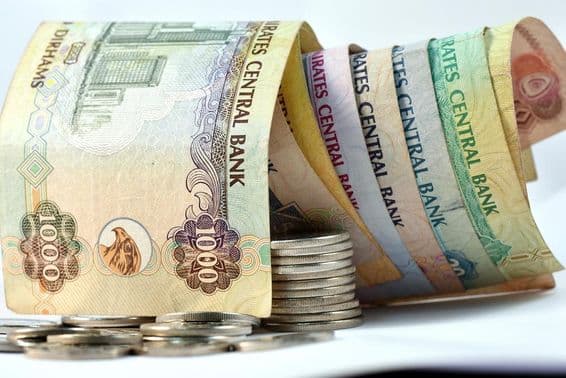 Dirham banknotes and coins in the United Arab Emirates.