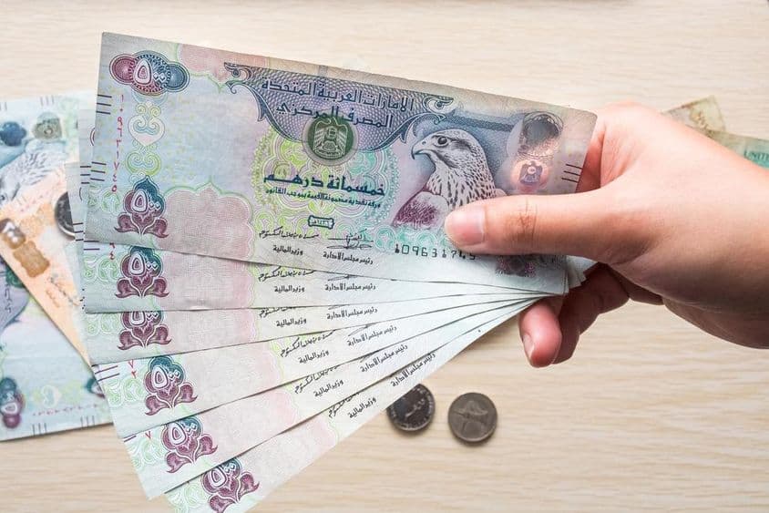 A girl holding 500 UAE dirham banknotes, paper money.