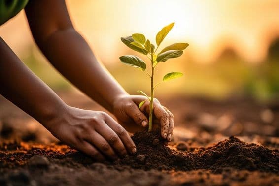 Human hands planting a green plant into the soil.