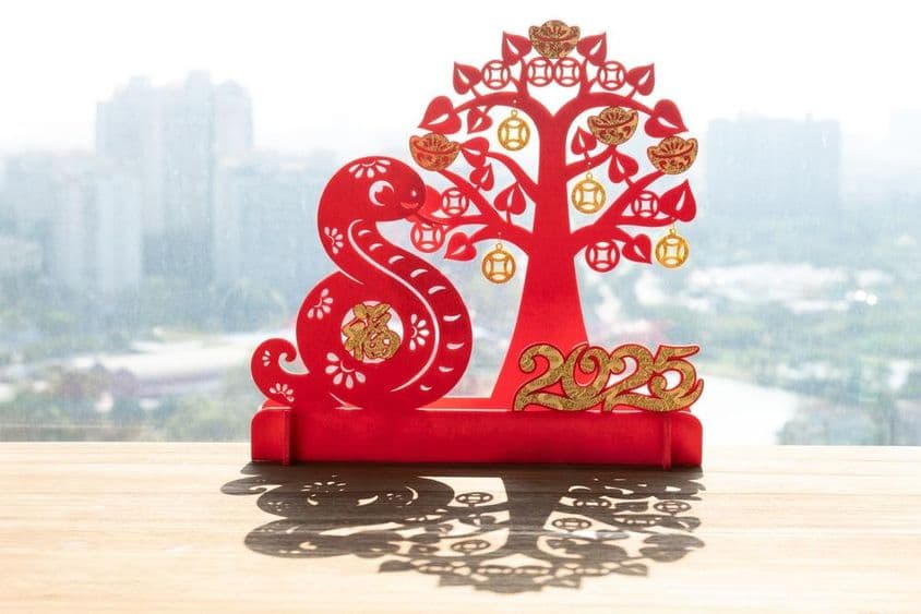 Chinese New Year, snake mascot with shadow depiction of Chinese character.
