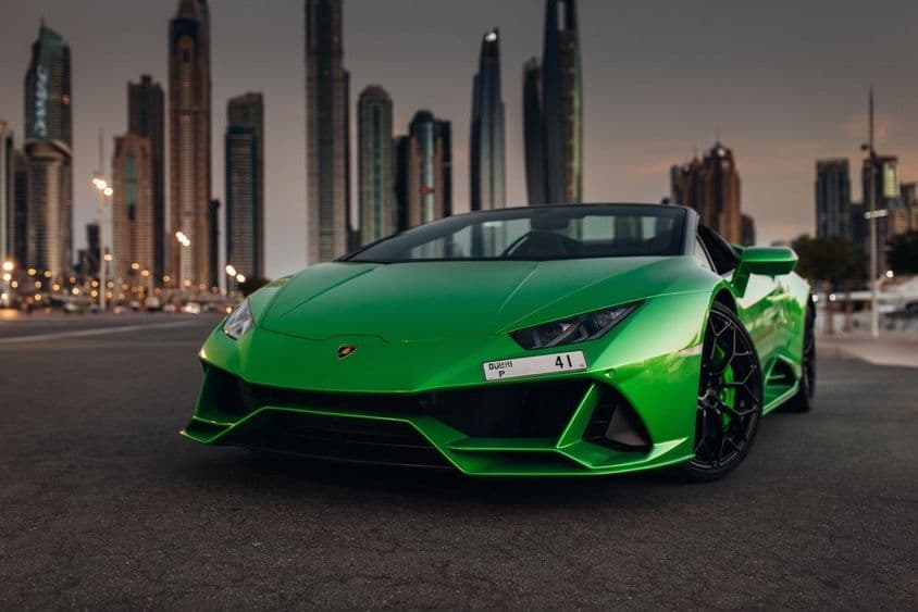 Lamborghini Huracan Spyder in the harbor parking lot.