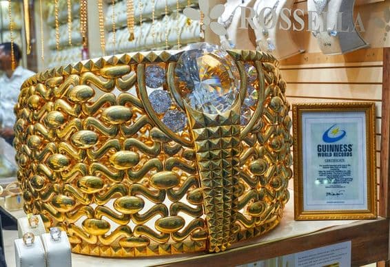 The world's largest gold ring showcased in a display at Dubai Gold Souq.