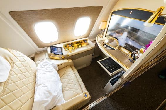 Emirates Airlines first-class window seat on the upper deck of the Airbus A380.