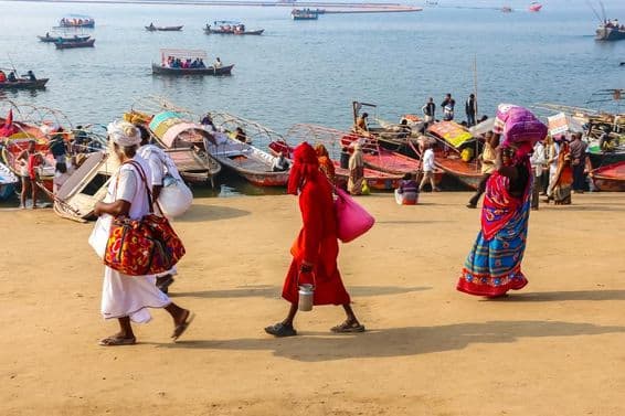 Devotees visiting the Kumbh Mela festival in Prayagraj.