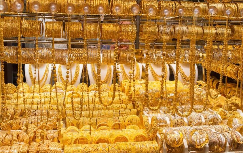 A gold shop window display in Deira, Dubai.