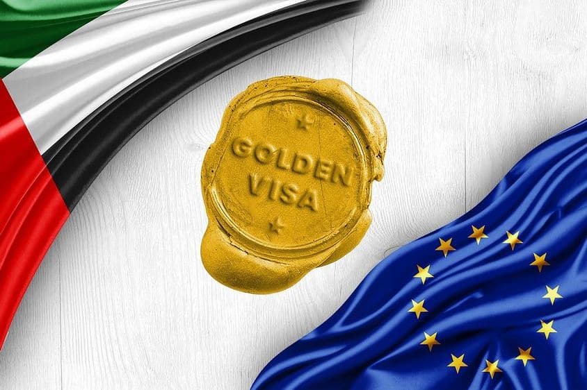 Flag of the United Arab Emirates and the European Union, golden visa.
