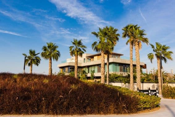 Dubai, villa surrounded by palm trees against a cloudy sunset backdrop.