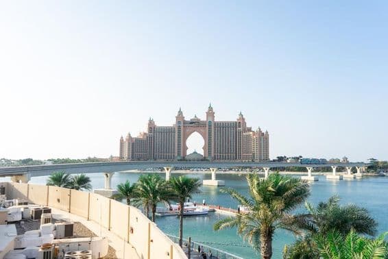 View of Palm Jumeirah artificial island and Atlantis hotel in Dubai.