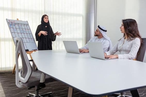 Arab employees working together in a team meeting, presenting ideas.