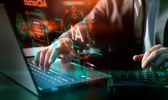 AI technology, artificial intelligence in the workplace, graphic and digital elements.