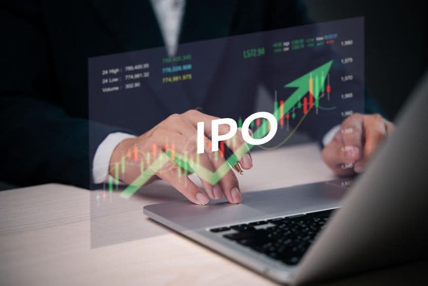 Financial expert working on a laptop during IPO issuance.