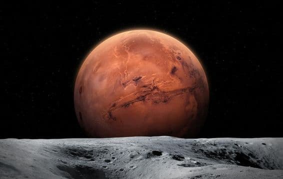 View of the planet Mars from the Moon's surface.