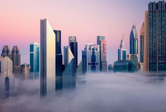 Foggy morning in downtown Dubai, United Arab Emirates.
