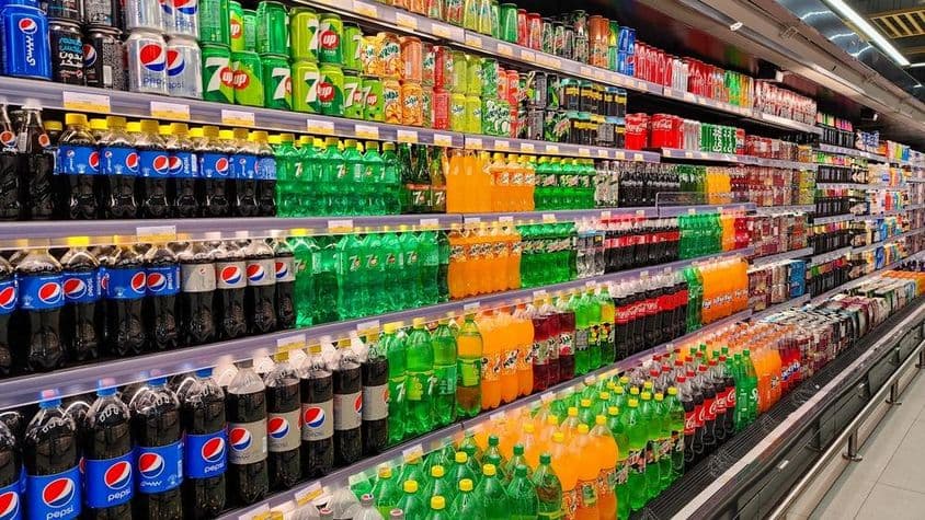 Various carbonated drinks for sale on a hypermarket shelf in Dubai.