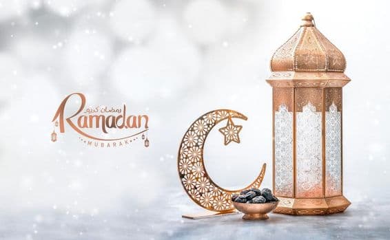 Ramadan Kareem greeting background, Moroccan lantern with dates and crescent.