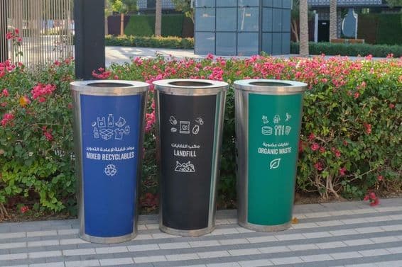 Metal waste containers for waste sorting by categories.