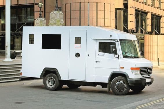 Armored truck ensuring money transport security.