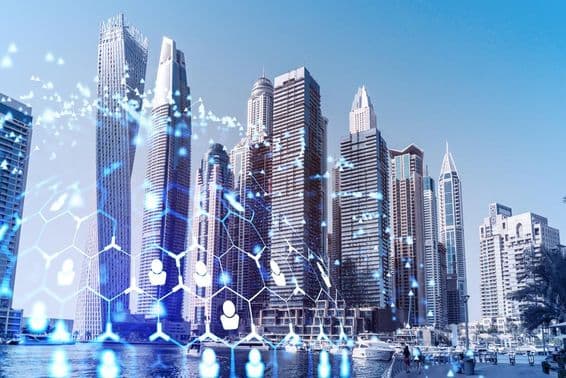 Skyscrapers in Dubai's business district with holograms.