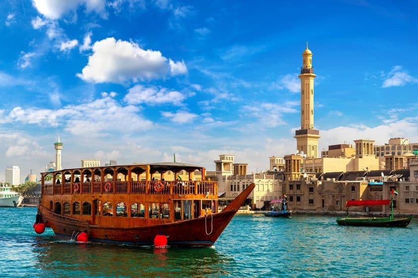 Old traditional wooden boat in the Creek Bay in Dubai.