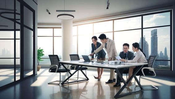 Businessmen discussing work in an office.