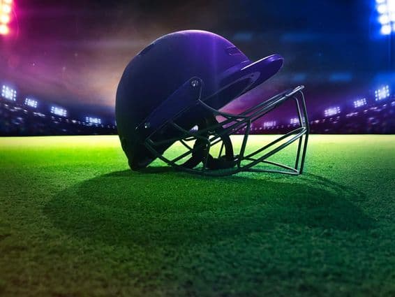 Cricket helmet from below on green grass.