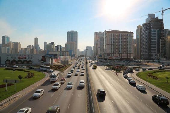 Road traffic in Sharjah city, United Arab Emirates.