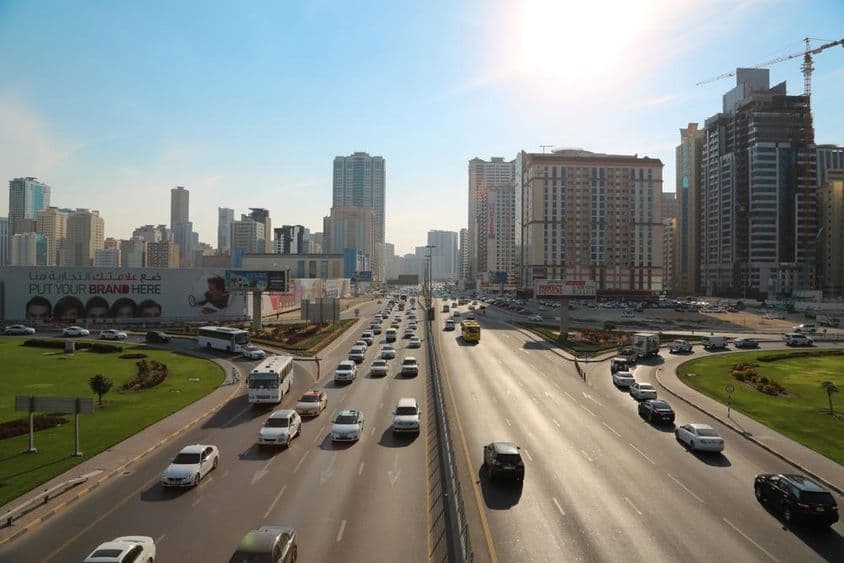 Road traffic in Sharjah city, United Arab Emirates.