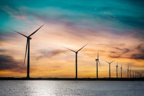 Wind turbines generating electricity.