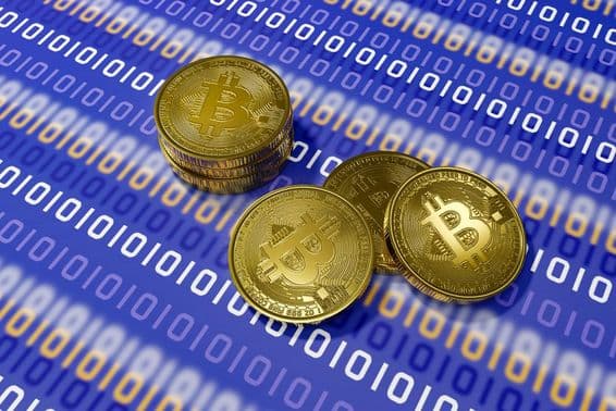 Bitcoin on blue background with white binary code.