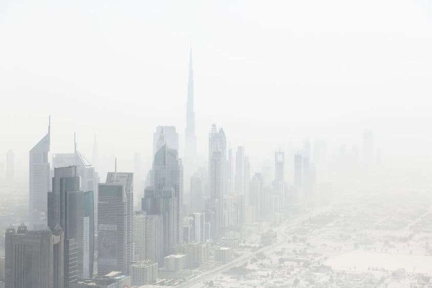 View of the foggy cityscape, Dubai, United Arab Emirates.
