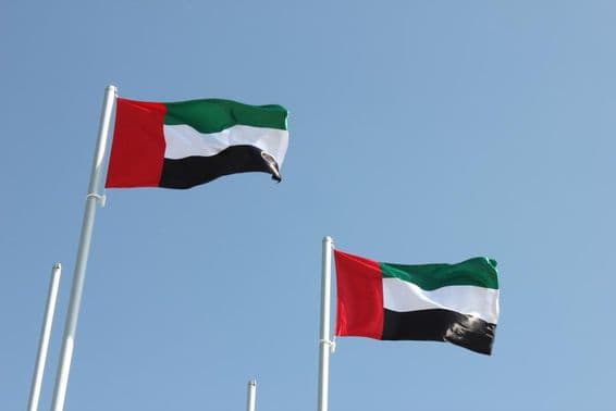 Flags of the United Arab Emirates waving in the wind.