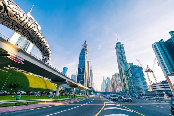 Sheikh Zayed Road with skyscrapers and the Museum of the Future in the background.