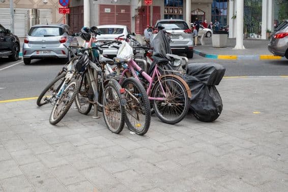 Bicycles parked in the city center, United Arab Emirates.