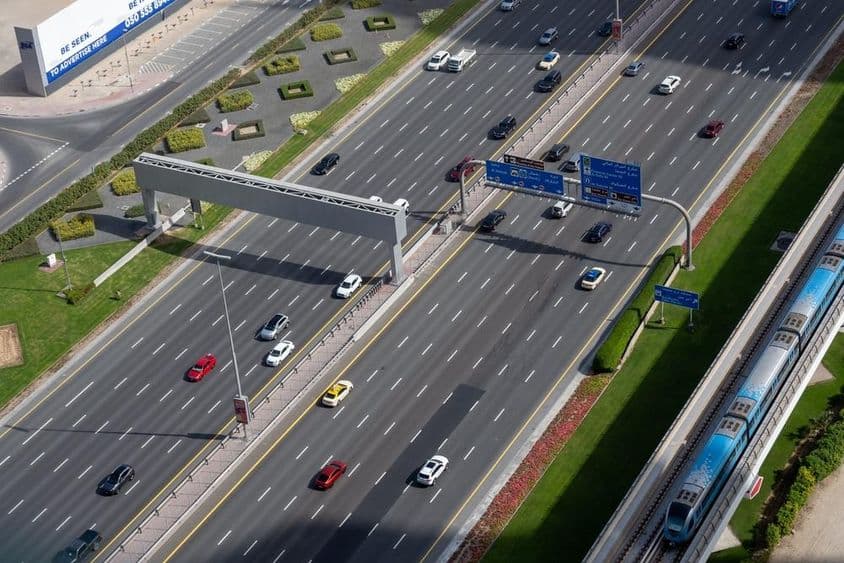 Dubai multi-lane highway and metro line.