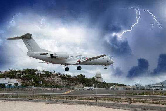 Aircraft landing in a storm.