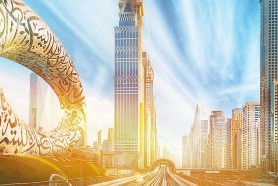 Glass Skyscrapers in Dubai in Heat.