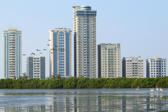 View of Abjar Tower from Mangrove Lake in Ras Al Khaimah.